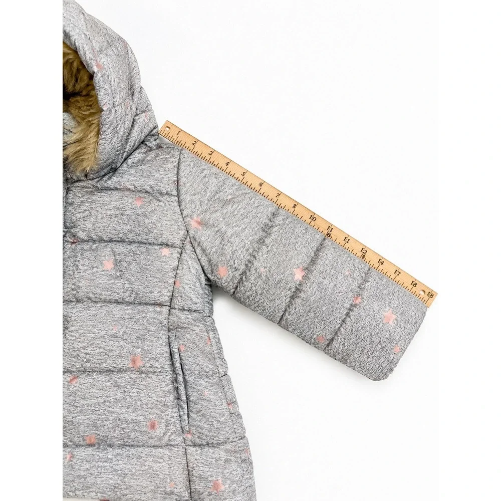 New Baby Gap Gray Rose Gold Star Puffer Jacket Faux Fur Hood 18-24 Mon